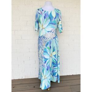 Soft Surroundings Floral Maxi Dress Medium Blue Green Short Sleeve Stretch